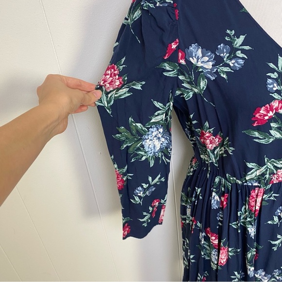 Banana Republic Navy Blue Puff Sleeve Floral Midi Fit & Flare Dress V-Neck Sz S - Picture 7 of 13